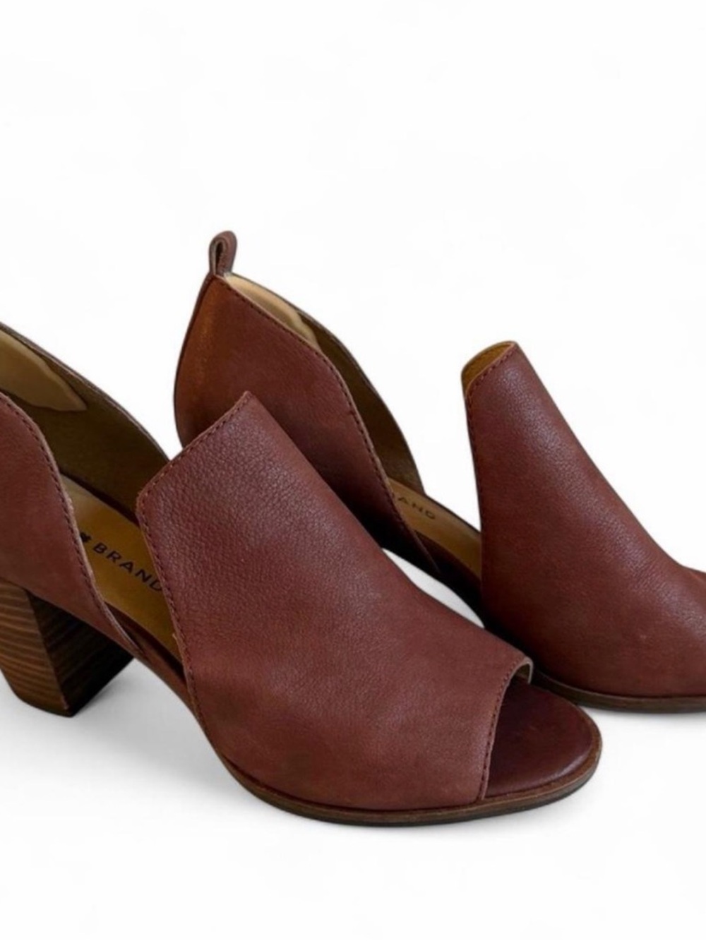 Lucky Brand Junai Leather Peep Toe Booties Cognac Brown Block Heel Sandals Sz 8